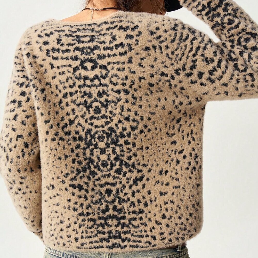 Brown Casual Women's Leopard Print V-Neck Cardigan Sweater - Picture 2 of 8
